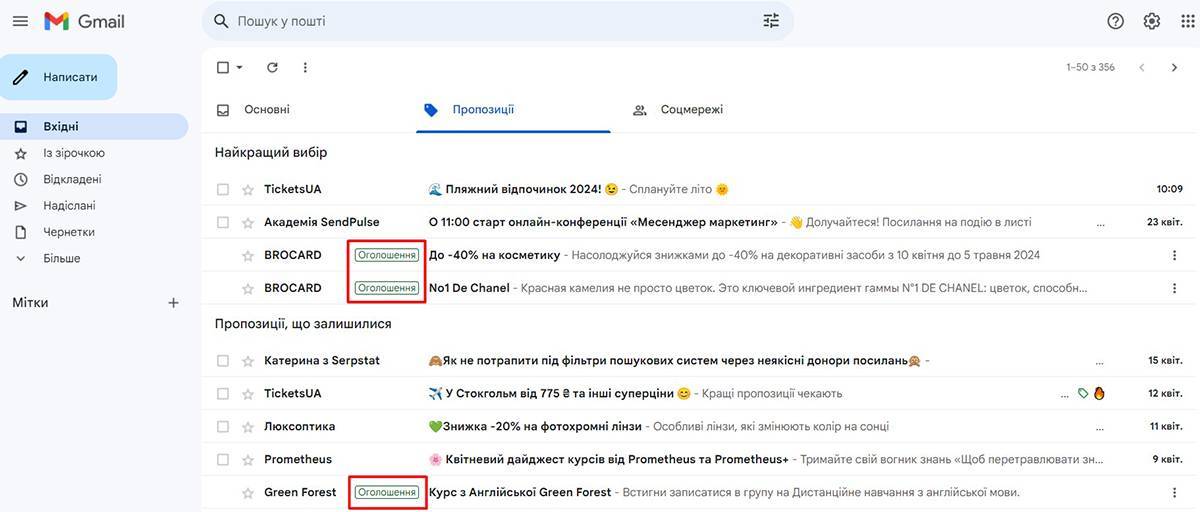 Contextual advertising on the Gmail page | WEDEX