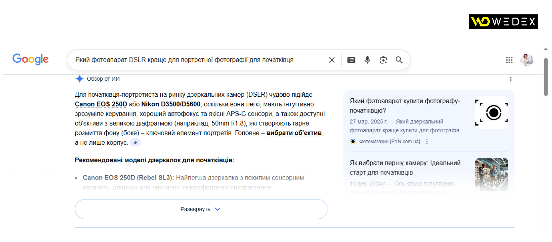 Приклад оновлення у SERP | WEDEX